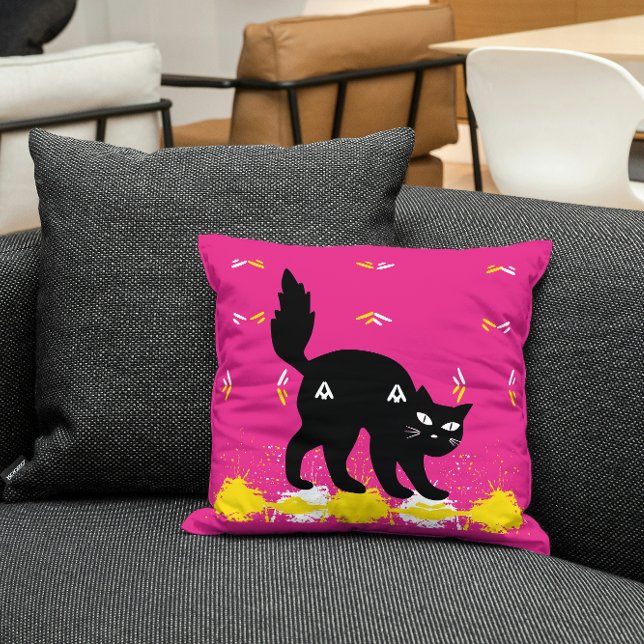 Pet Black Cat On Pink White Yellow Cute Modern Cushion (Creator Uploaded)
