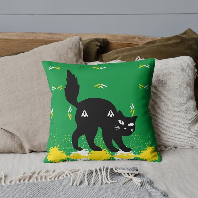 Pet Black Cat White Yellow Pattern Green Custom Cushion (Creator Uploaded)
