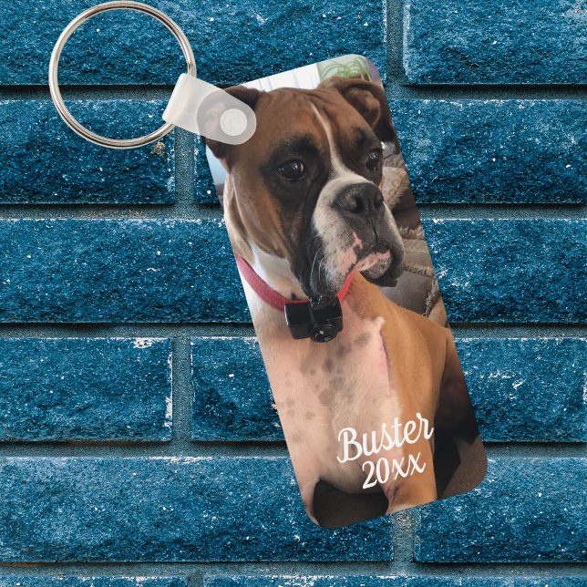 Pet Boxer Photo   White Typography Personalise Key Ring (Add your dogs photo and Name to this elegant keychain)