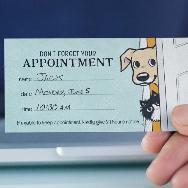 Pet Care Appointment Reminder Peeking Dog and Cat Business Card (Creator Uploaded)