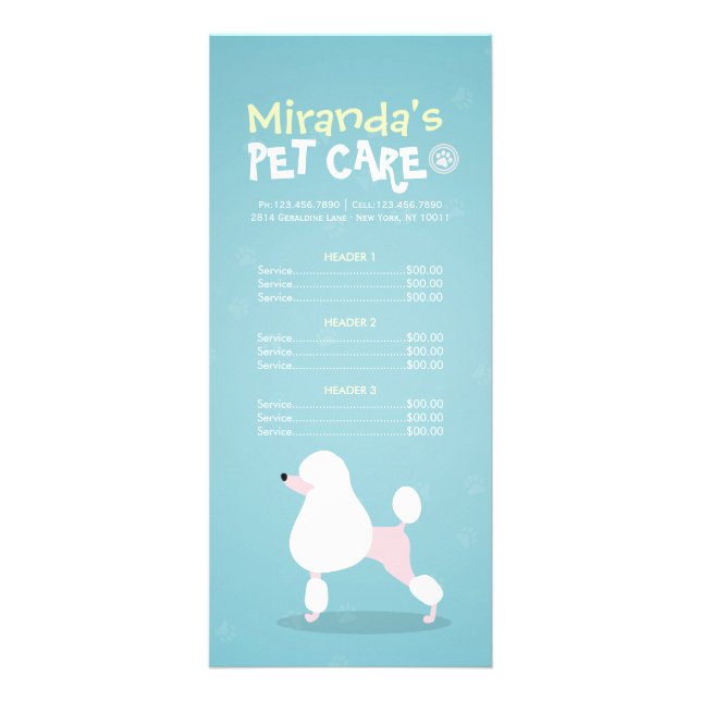 Pet Care Sitting Bathing Grooming Salon Price List Rack Card (Front)