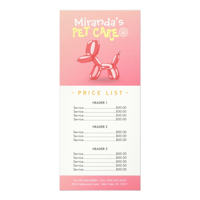 Pet Care Sitting Grooming Beauty Salon Price List Rack Card (Front)