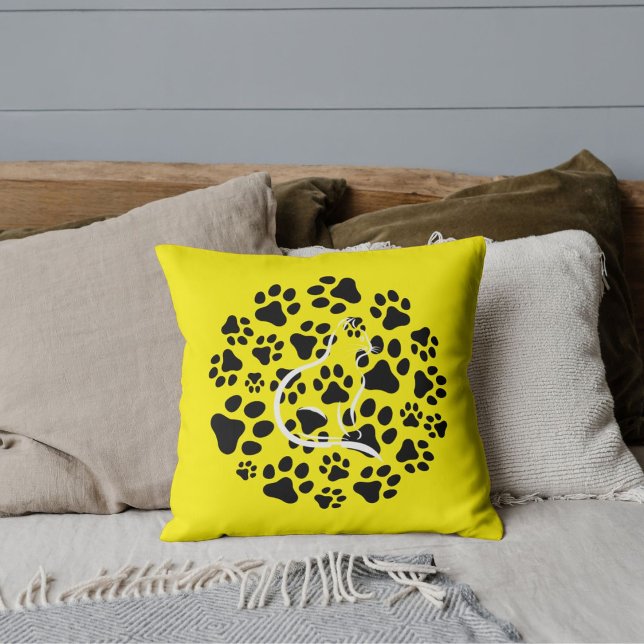 Pet Cat And Paws In Modern Cute Cool Black Yellow Cushion (Creator Uploaded)