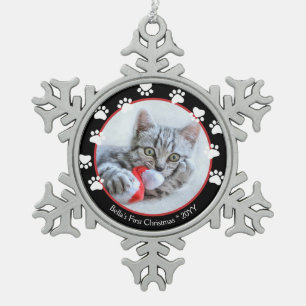 Pet Cat Black & Red Pawprints First Christmas Snowflake Pewter Christmas Ornament