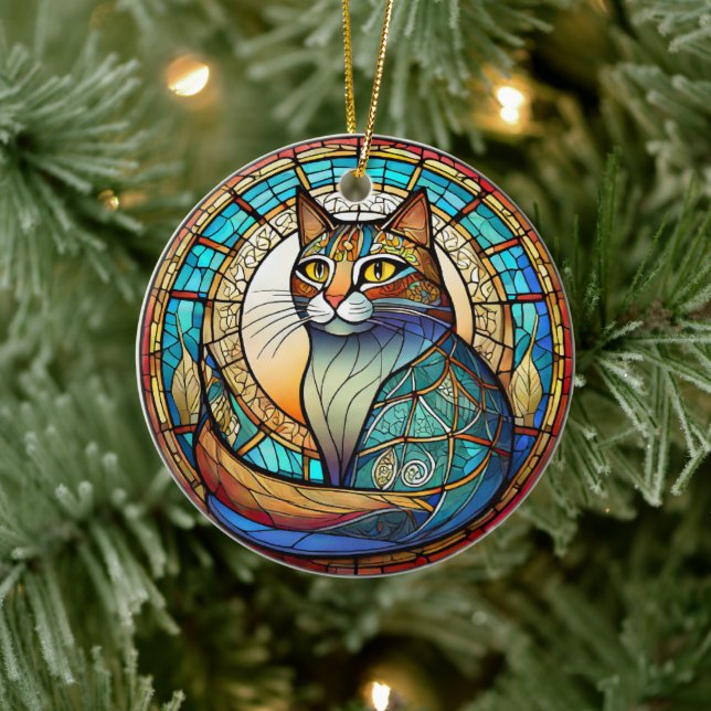 Pet Cat Ceramic Decorative Stained glass look Tree Decoration (Tree)