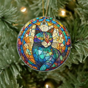 Pet Cat Ceramic Decorative Stained glass look Tree Decoration
