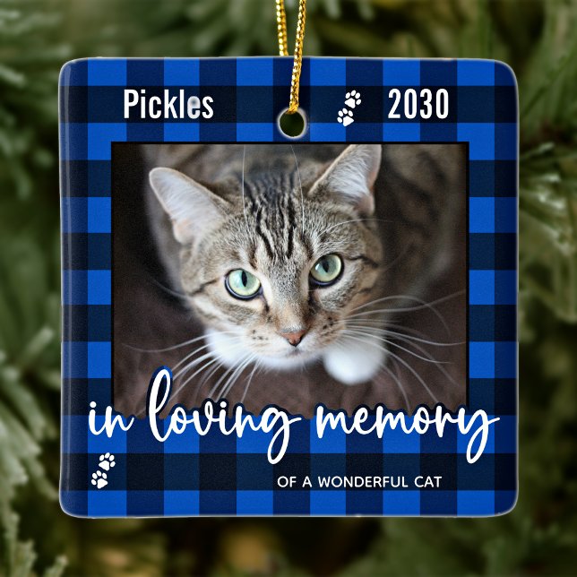 Pet Cat Memorial Blue Plaid In Loving Memory Photo Ceramic Ornament (Creator Uploaded)