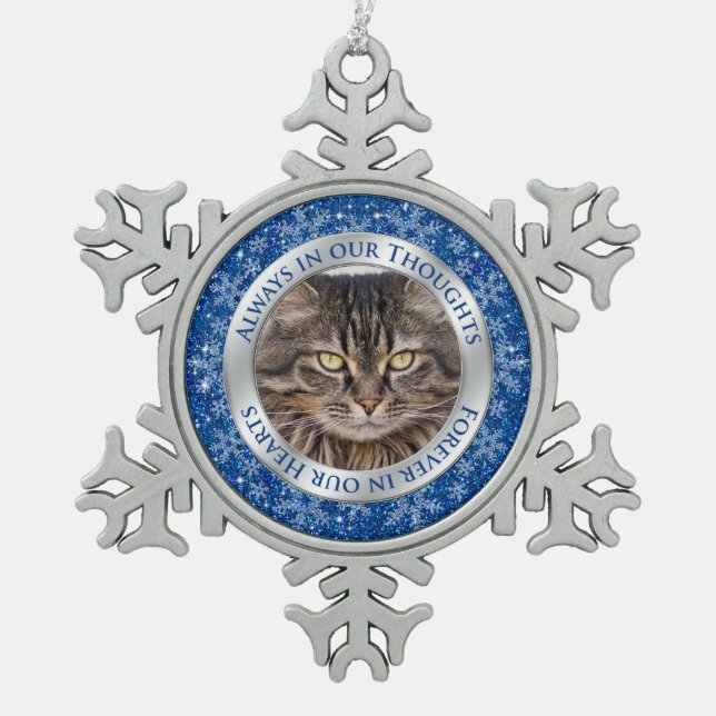 Pet Cat Memorial Photo Christmas Blue Silver Snowflake Pewter Christmas Ornament (Front)