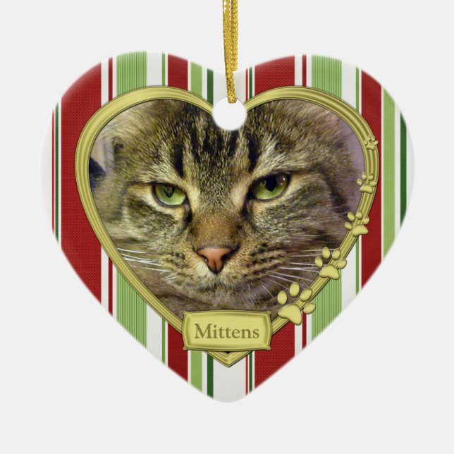 Pet Cat Memorial Photo Christmas Ornament - heart (Front)