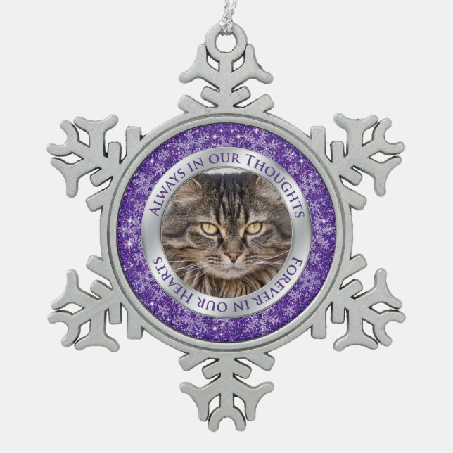 Pet Cat Memorial Photo Christmas Purple Silver Snowflake Pewter Christmas Ornament (Front)