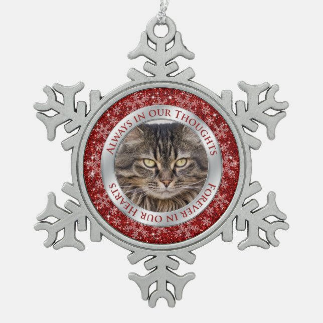 Pet Cat Memorial Photo Christmas Red Silver Snowflake Pewter Christmas Ornament (Front)