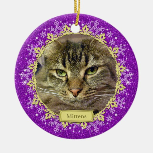 Pet Cat Memorial Purple Snowflake Photo Christmas Ceramic Tree Decoration (Front)
