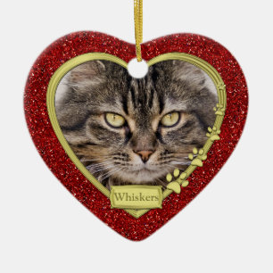 Pet Cat Memorial Red Gold Heart Photo Christmas Ceramic Tree Decoration