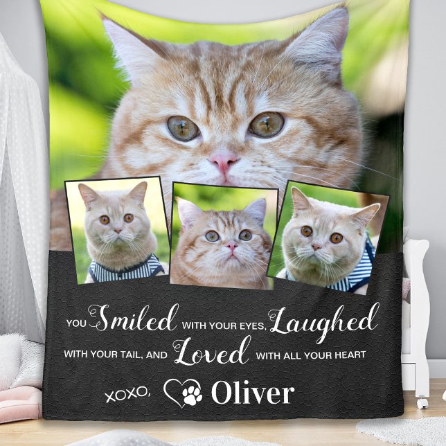 Pet Cat Memorial Remembrance Personalised 4 Photo  Fleece Blanket (Creator Uploaded)