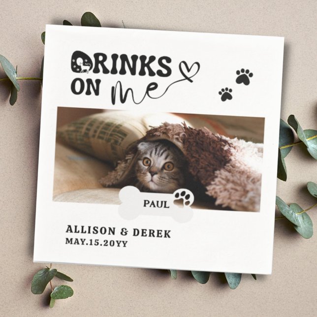 Pet Cat Name Custom Photo Drinks On Me Napkin (Creator Uploaded)