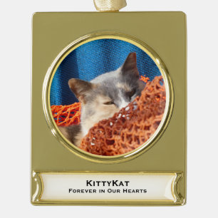Pet Cat or Dog PHOTO Name Memorial Gold Tone Plated Banner Ornament