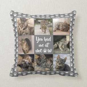 Pet Cat Photo Collage Paw Print Pattern Grey Cushion