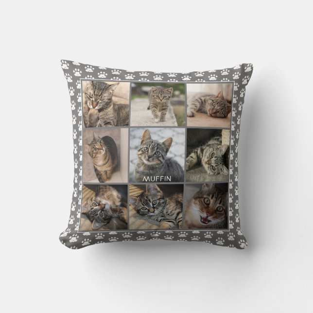 Pet Cat Photo Collage Paw Print Pattern Grey Name Cushion (Front)
