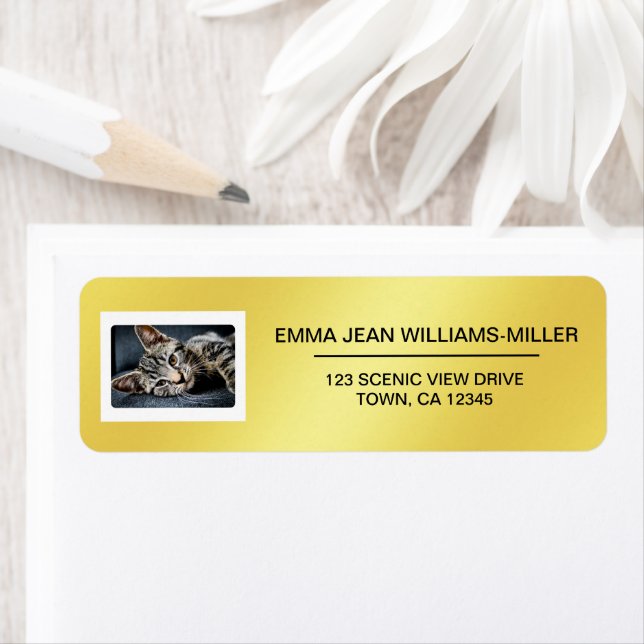 Pet Cat Photo Elegant Modern Return Address Golden (Insitu)