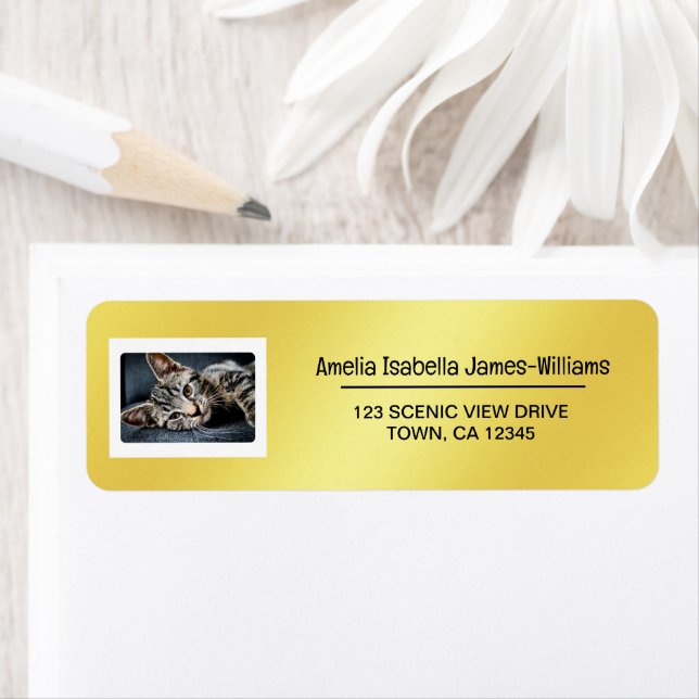 Pet Cat Photo Elegant Modern Return Address Golden (Insitu)