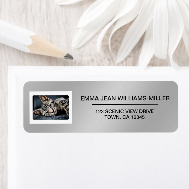 Pet Cat Photo Elegant Modern Return Address Silver (Insitu)