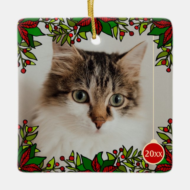 Pet Cat Poinsettia Year Ball Christmas Ornament (Front)