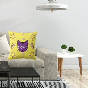 Pet Cat Purple White On Black Modern Cute Yellow Cushion