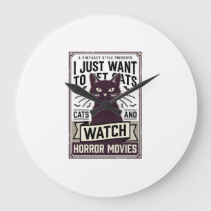 Pet Cats Watch Horror Movies Vintage Cat Design_1 Large Clock