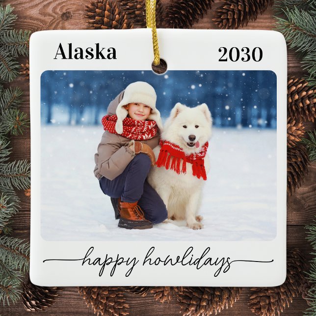 Pet Christmas Happy Howlidays Modern Dog Photo Ceramic Ornament (Creator Uploaded)