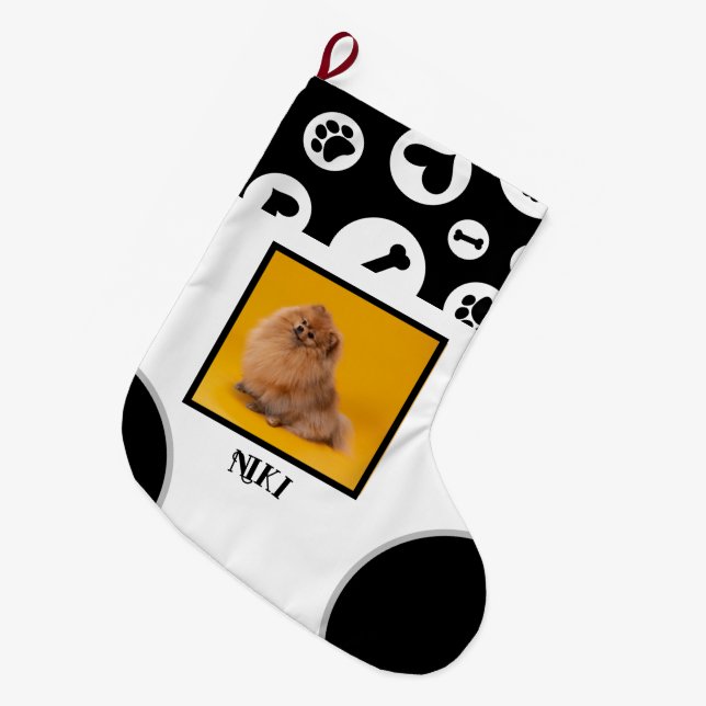 Pet Christmas with Bones & Paws Name Photo  Large Christmas Stocking (Front (Hanging))