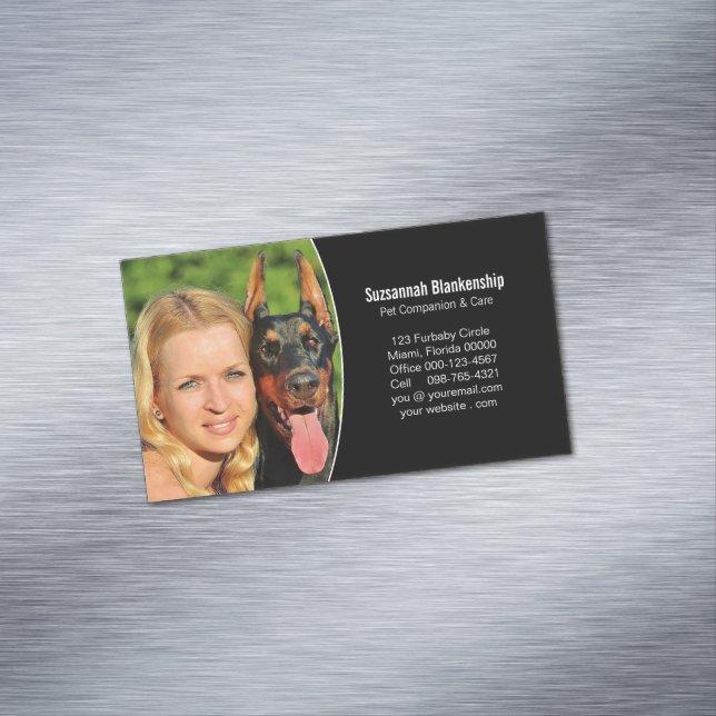 Pet Companion Black White Custom Photo Magnetic Business Card (In Situ)