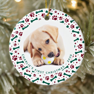 Pet Custom 2 Dog Photo Paw Prints Bones Christmas Ceramic Tree Decoration