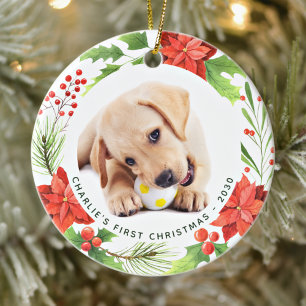 Pet Custom 2 Dog Photo Poinsettia Wreath Christmas Ceramic Tree Decoration