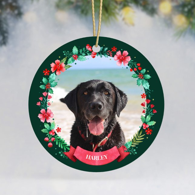 Pet Dog 2 Photo Christmas Wreath Ceramic Tree Decoration (Pet Dog Two Photo Christmas Wreath Ceramic Ornament)