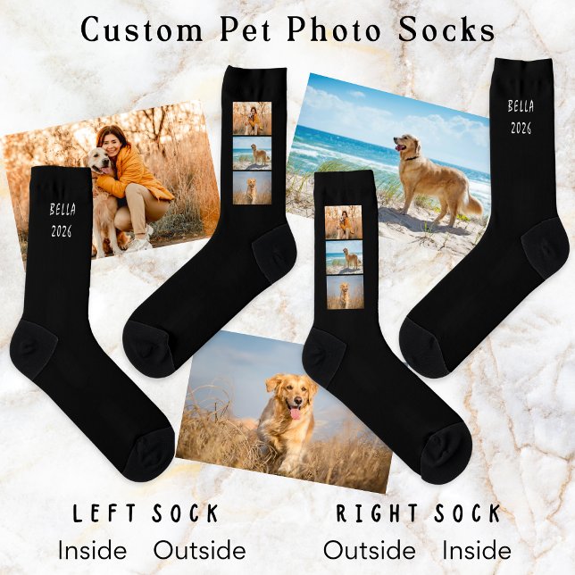 Pet Dog 3-Photo Collage Name Year Black Socks (A pair of black socks with custom photos of your dog, plus your pet's name and the year)
