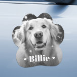 Pet dog cat name hearts car magnet<br><div class="desc">Paw print shaped photo cat magnet featuring your custom pet photo with with the pet's name as a white text overlay flanked by two hearts.</div>