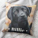 Pet dog cat name hearts cushion<br><div class="desc">Throw pillow featuring your custom pet photo with with the pet's name as a white text overlay flanked by two hearts.</div>