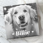 Pet dog cat name hearts magnet<br><div class="desc">Photo fridge magnet featuring your custom pet photo with with the pet's name as a white text overlay flanked by two hearts.</div>