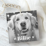 Pet dog cat name hearts two photos key ring<br><div class="desc">Photo keychain featuring your custom pet photo with with the pet's name as a white text overlay flanked by two hearts.</div>
