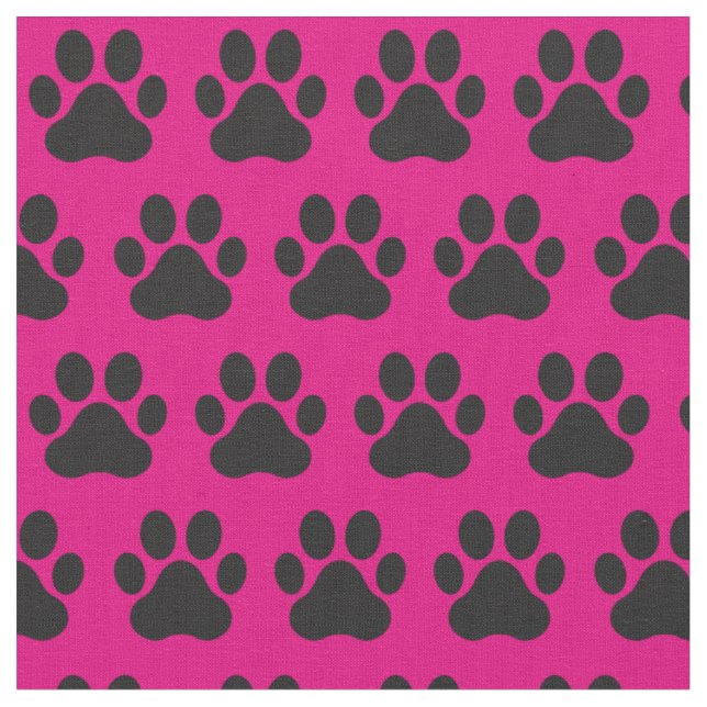 Pet Dog Cat Paw Prints Pink Black Fabric (Close Up)