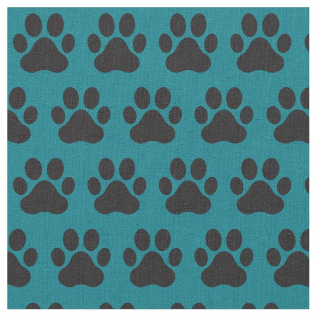 Pet Dog Cat Paw Prints Teal Black Fabric (Close Up)