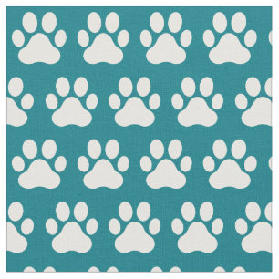 Pet Dog Cat Paw Prints Teal White Fabric