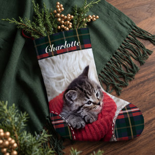 Pet Dog Cat Photo Christmas Red Green Plaid Custom Small Christmas Stocking