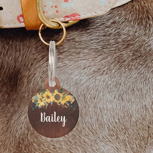 Pet Dog Cat Rustic Wood Country Sunflower Pet Tag
