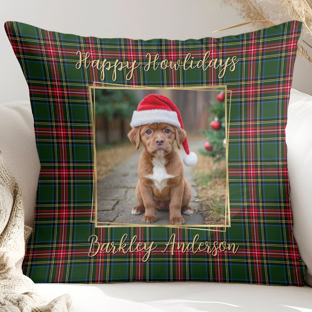 Pet Dog Christmas Plaid Custom Gold Modern Photo Cushion (Creator Uploaded)