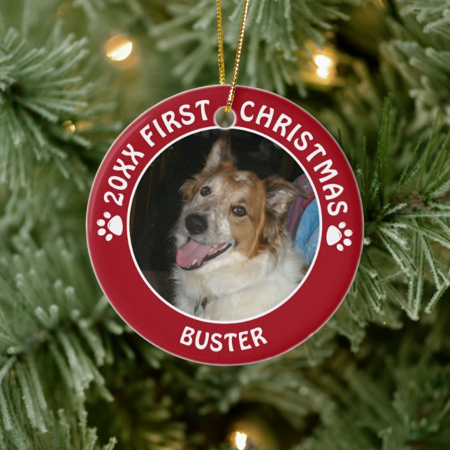 Pet Dog FIRST CHRISTMAS Pawprint Custom Colour Ceramic Tree Decoration (Tree)