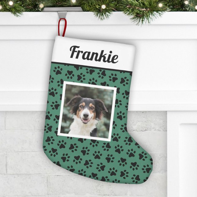 Pet Dog Green and Black Paw Prints Custom Photo Small Christmas Stocking (Creator Uploaded)
