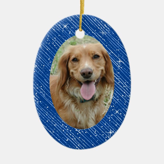 Pet Dog Memorial Blue Oval Photo Christmas Ceramic Tree Decoration (Front)