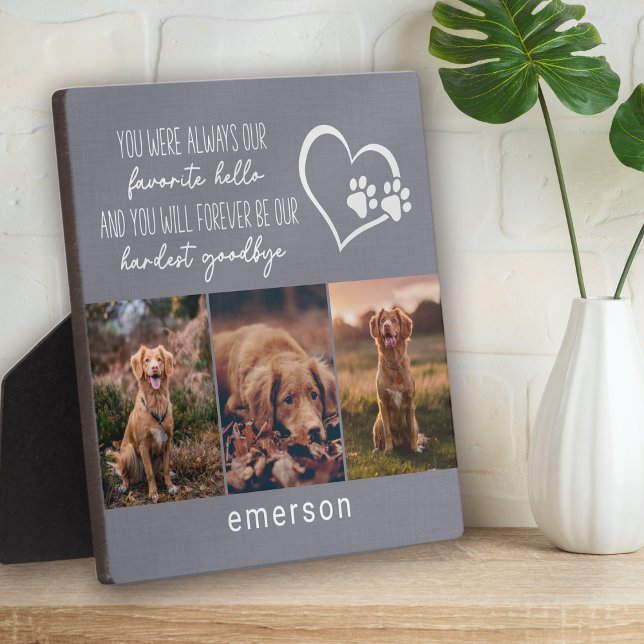 Pet Dog Memorial Grey Linen Photo Collage Plaque (Creator Uploaded)