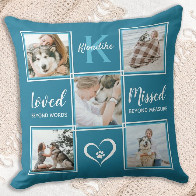 Pet Dog Memorial Keepsake Teal Photo Collage Cushion (Creator Uploaded)